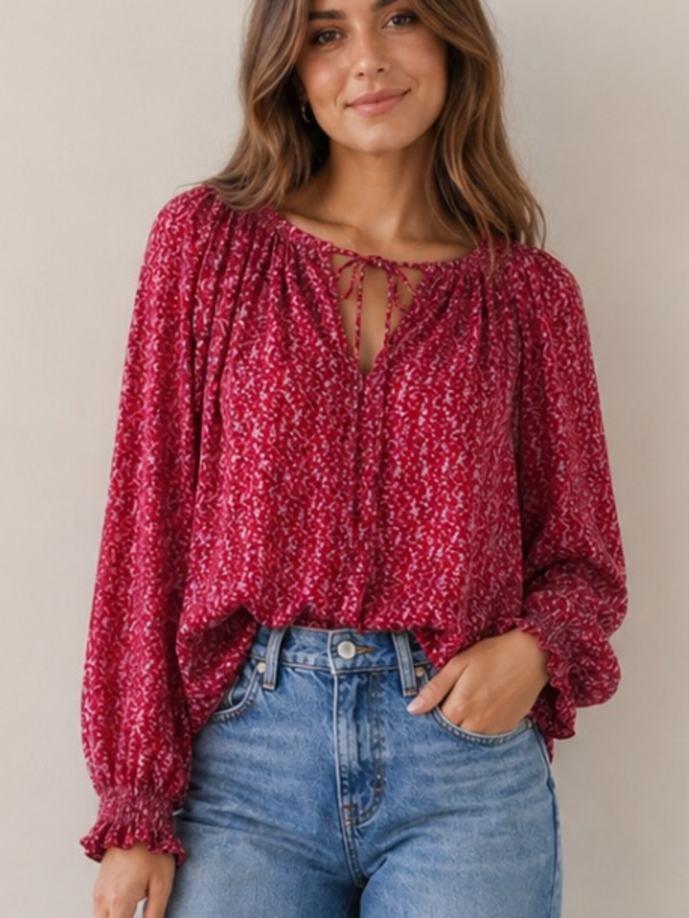 Rungolee Large Red & Purple Abstract Silk Bishop Sleeve Blouse Top
